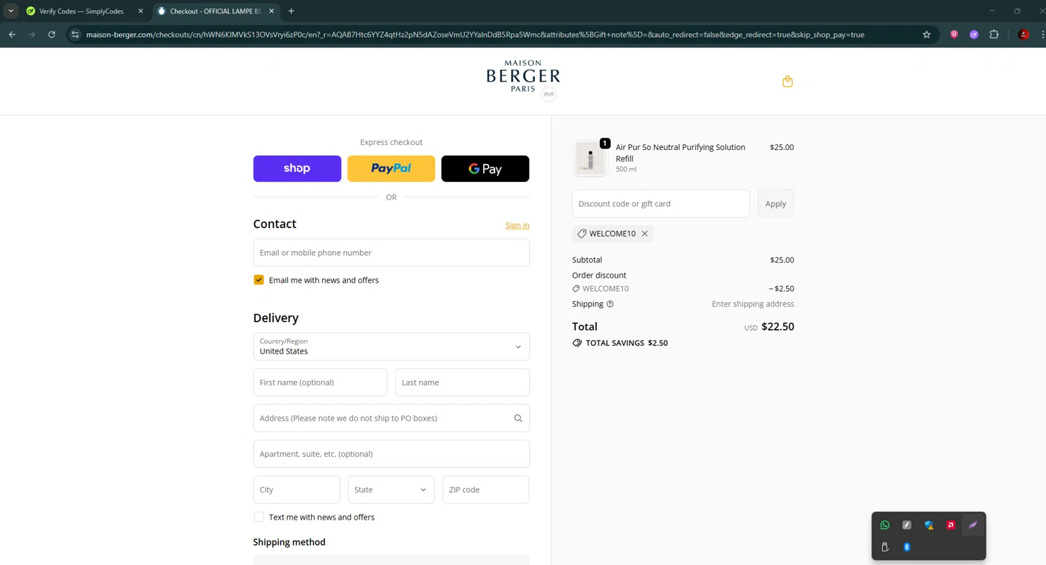 Maison Berger discount code screenshot showing code WELCOME10 applied at Maison Berger checkout page. Uploaded by SimplyCodes community member BrilliantSaver7516 on Dec 12, 2025