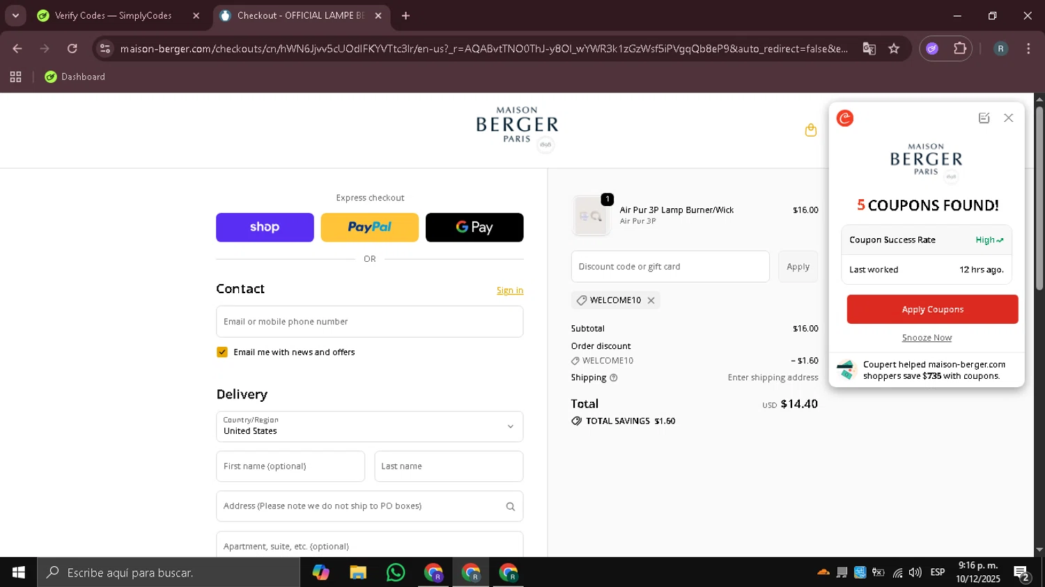 Maison Berger discount code screenshot showing code WELCOME10 applied at Maison Berger checkout page. Uploaded by SimplyCodes community member DealHawk3765 on Dec 11, 2025