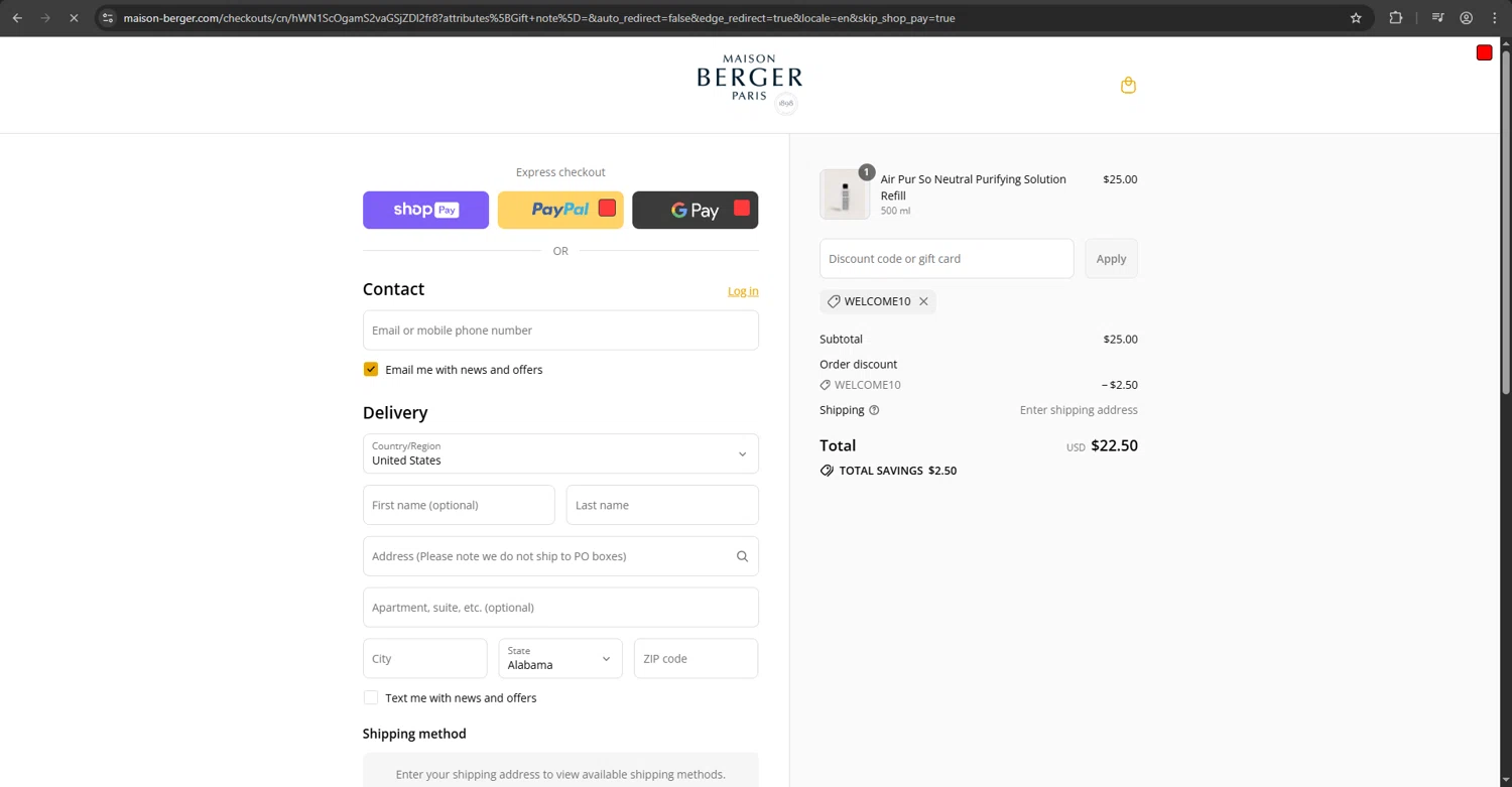 Maison Berger discount code screenshot showing code WELCOME10 applied at Maison Berger checkout page. Uploaded by SimplyCodes community member zzzzzzza on Aug 5, 2025