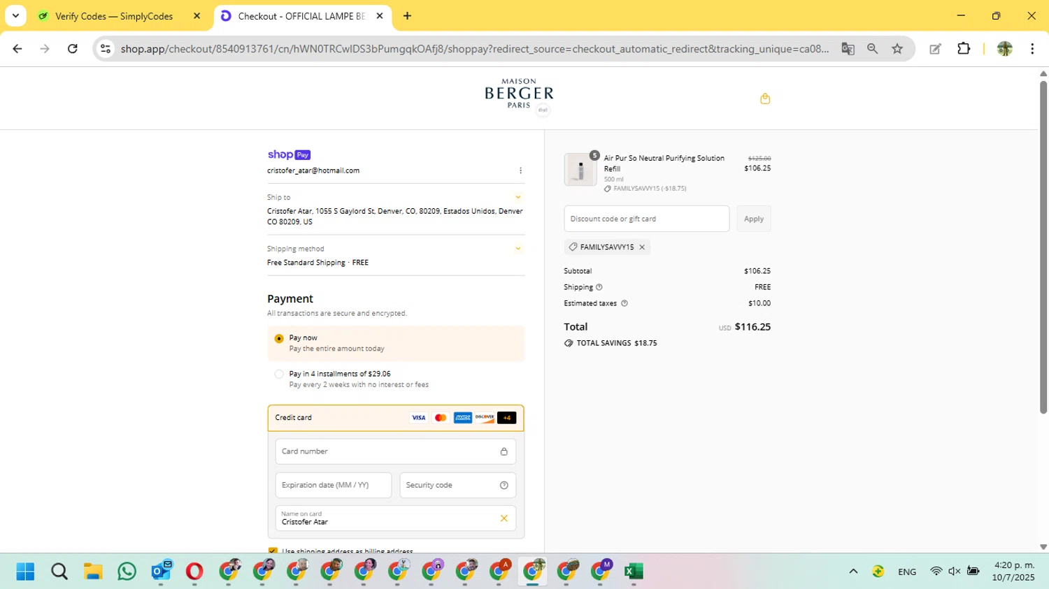 Maison Berger discount code screenshot showing code FAMILYSAVVY15 applied at Maison Berger checkout page. Uploaded by SimplyCodes community member FundoSinai on Jul 10, 2025