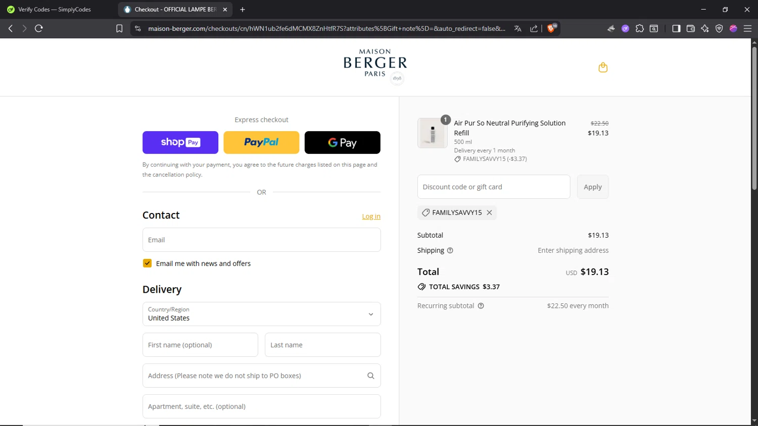 Maison Berger discount code screenshot showing code FAMILYSAVVY15 applied at Maison Berger checkout page. Uploaded by SimplyCodes community member Morrachida04 on Aug 17, 2025