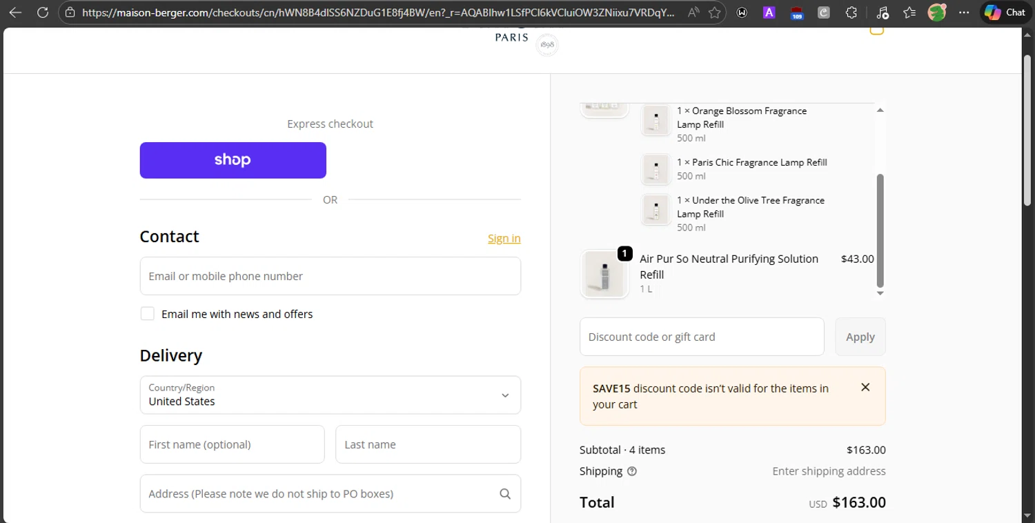 Maison Berger discount code screenshot showing code SAVE15 applied at Maison Berger checkout page. Uploaded by SimplyCodes community member PrincessCoupon on Jan 29, 2026