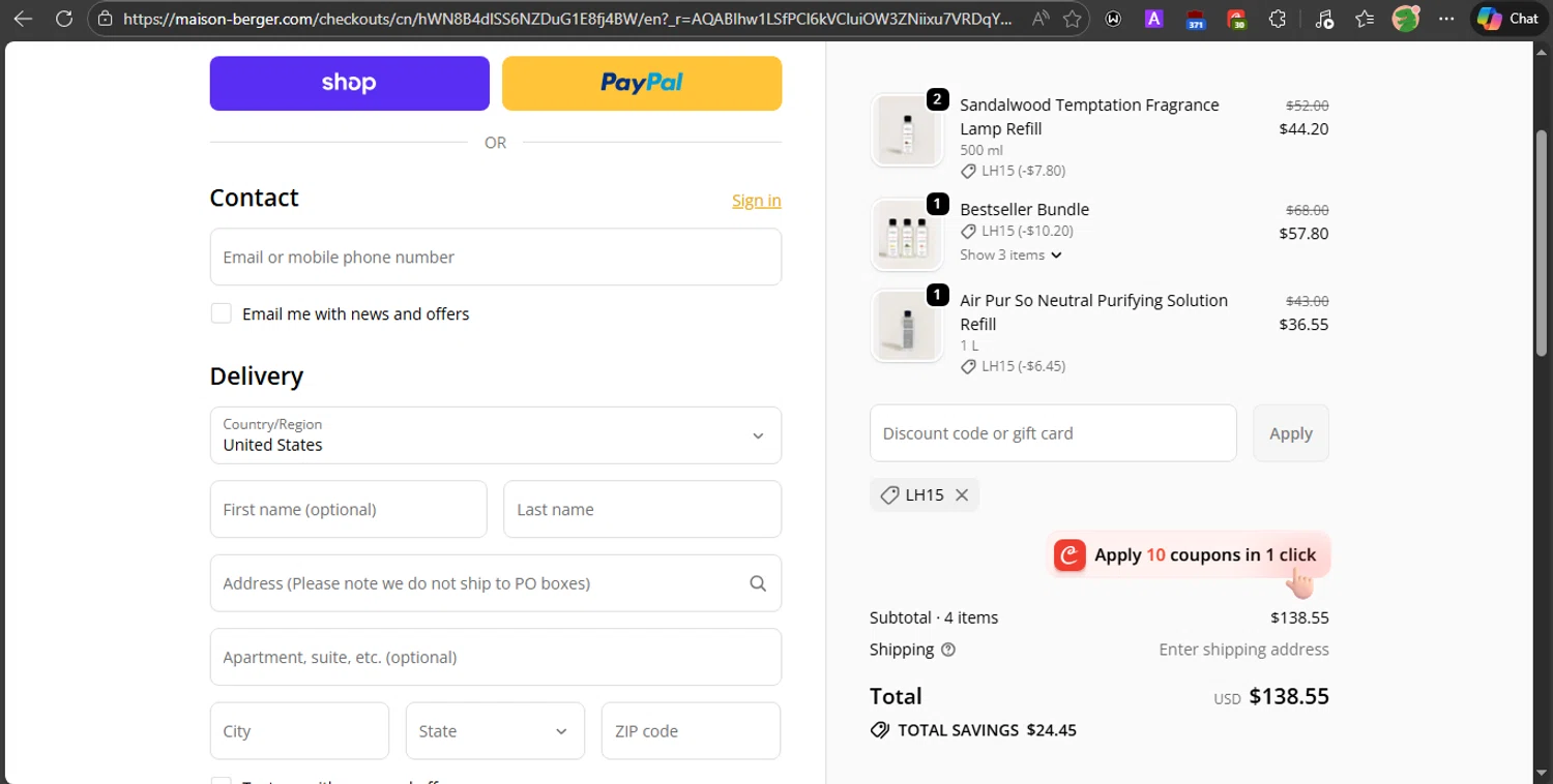 Maison Berger discount code screenshot showing code LH15 applied at Maison Berger checkout page. Uploaded by SimplyCodes community member PrincessCoupon on Jan 29, 2026