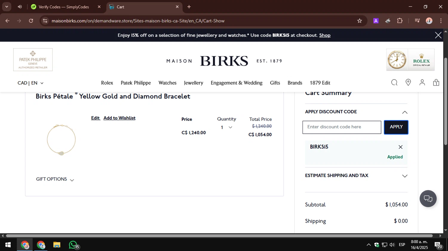 Maison Birks checkout page showing Maison Birks promo code box | Screenshot taken by SimplyCodes community member on Apr 16, 2025