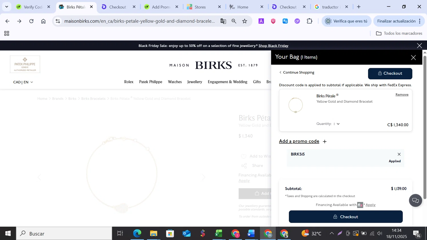 Maison Birks checkout page showing Maison Birks promo code box | Screenshot taken by SimplyCodes community member on Nov 18, 2025