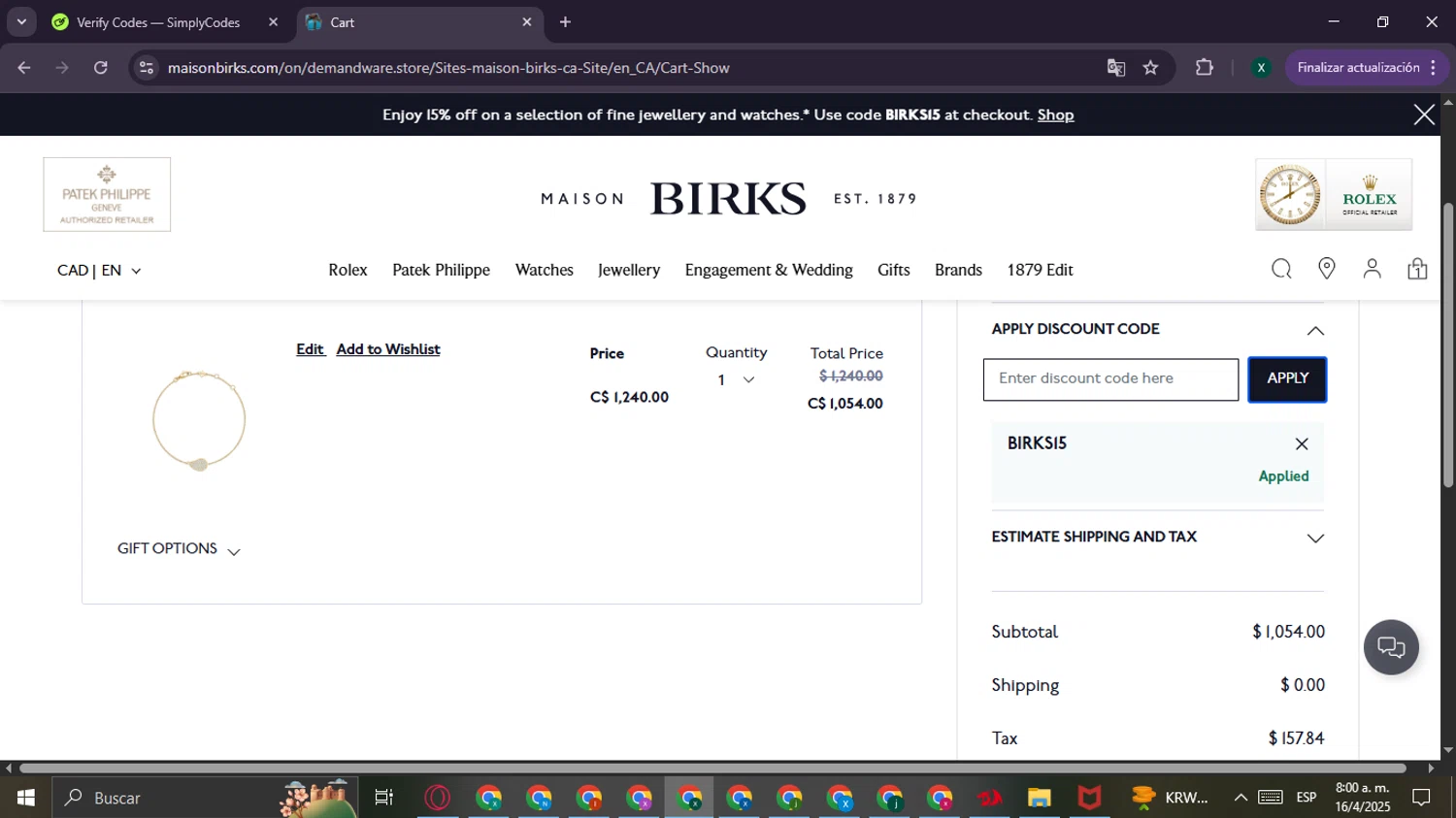 Maison Birks checkout page showing Maison Birks promo code box | Screenshot taken by SimplyCodes community member on Apr 16, 2025