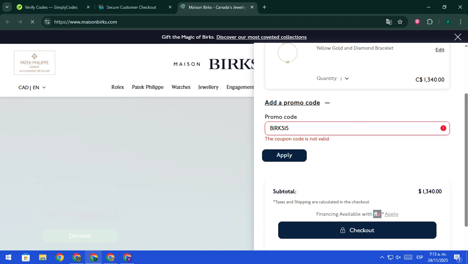Maison Birks promo code screenshot showing code BIRKS15 applied at Maison Birks checkout page. Uploaded by SimplyCodes community member rodri1 on Nov 24, 2025