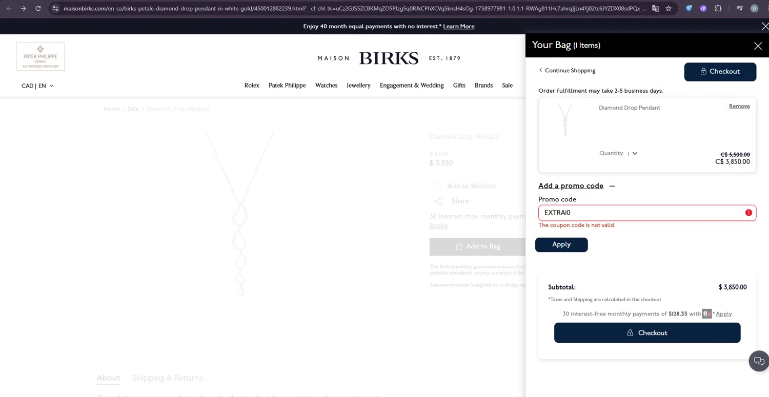 Maison Birks promo code screenshot showing code EXTRA10 applied at Maison Birks checkout page. Uploaded by SimplyCodes community member EpicAdmiral3292 on Sep 27, 2025