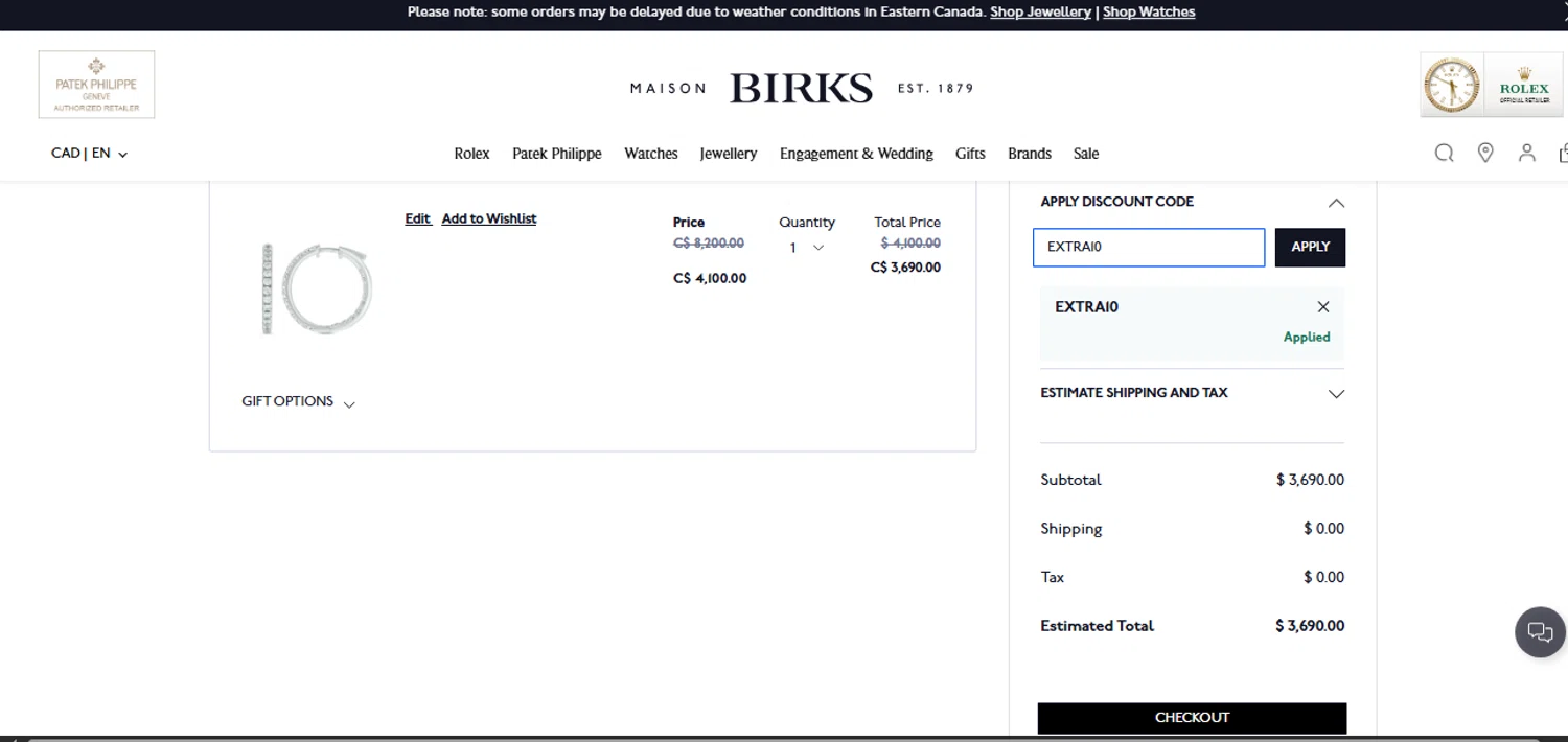 Maison Birks checkout page showing Maison Birks promo code box | Screenshot taken by SimplyCodes community member on Feb 18, 2025