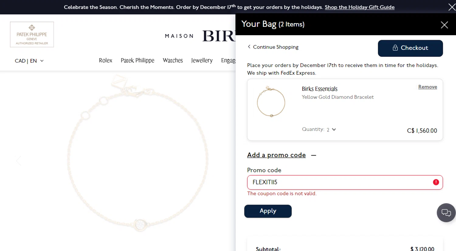 Maison Birks promo code screenshot showing code FLEXITI15 applied at Maison Birks checkout page. Uploaded by SimplyCodes community member CleverAdmiral7613 on Nov 28, 2025