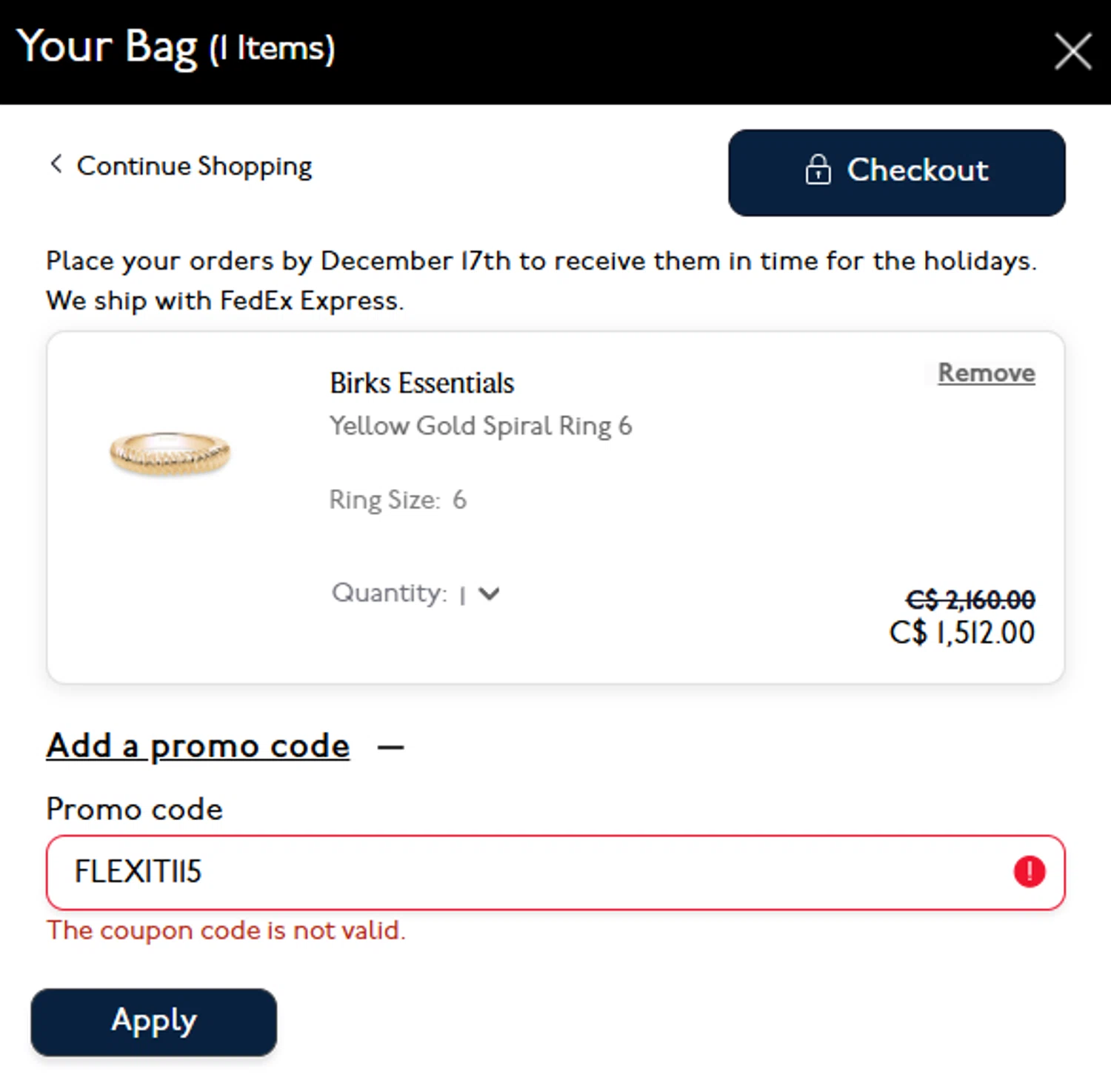 Maison Birks promo code screenshot showing code FLEXITI15 applied at Maison Birks checkout page. Uploaded by SimplyCodes community member Juanito on Nov 28, 2025