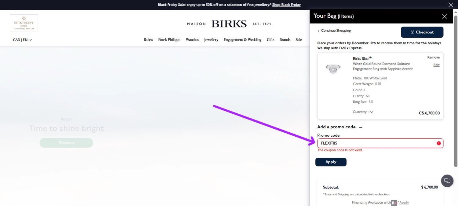 Maison Birks promo code screenshot showing code FLEXITI15 applied at Maison Birks checkout page. Uploaded by SimplyCodes community member Myrulesmagazine23 on Nov 28, 2025