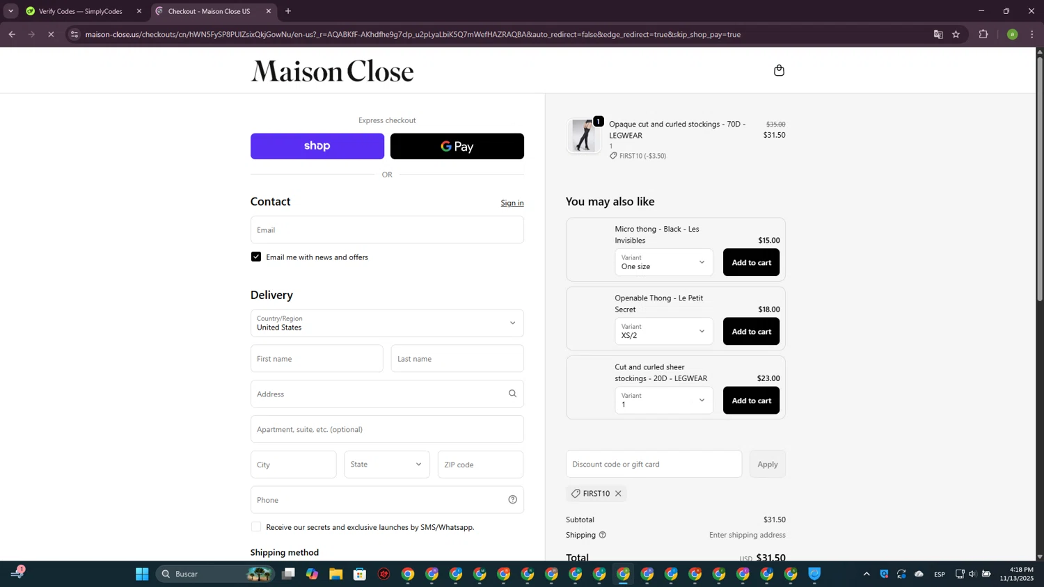 Maison Close promo code screenshot showing code FIRST10 applied at Maison Close checkout page. Uploaded by SimplyCodes community member DiscountSpotter1028 on Nov 13, 2025