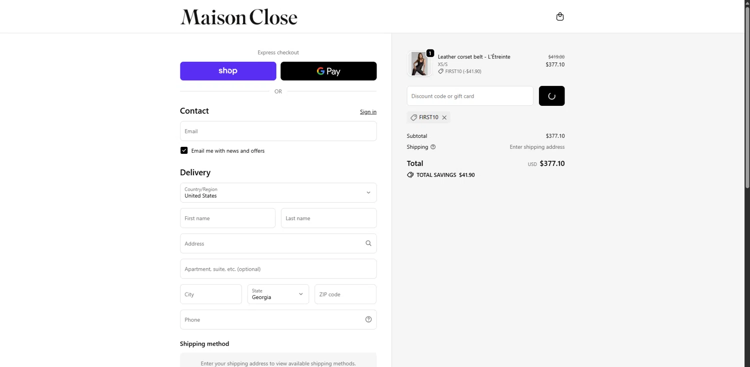 Maison Close promo code screenshot showing code FIRST10 applied at Maison Close checkout page. Uploaded by SimplyCodes community member LegendaryCurator4133 on Oct 10, 2025