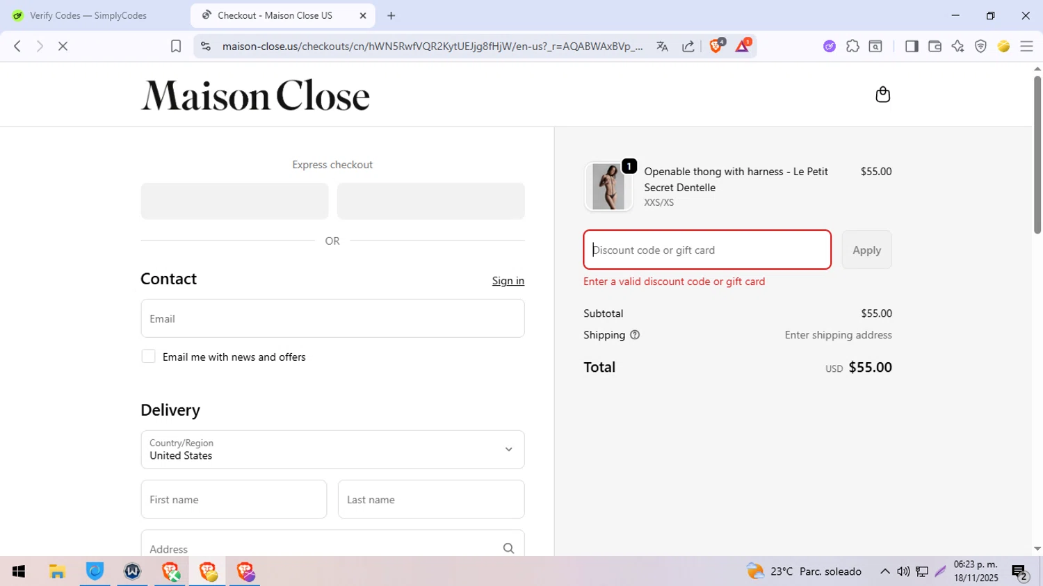 Maison Close promo code screenshot showing code 1YEARPURPLE applied at Maison Close checkout page. Uploaded by SimplyCodes community member LegendaryFox4384 on Nov 18, 2025