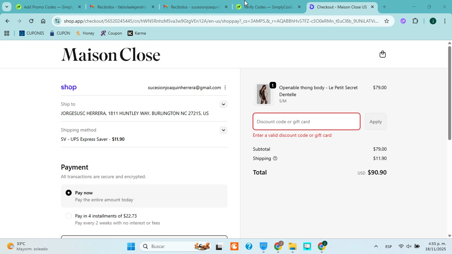 Maison Close promo code screenshot showing code 1YEARPURPLE applied at Maison Close checkout page. Uploaded by SimplyCodes community member jorgejavierherrera on Nov 18, 2025