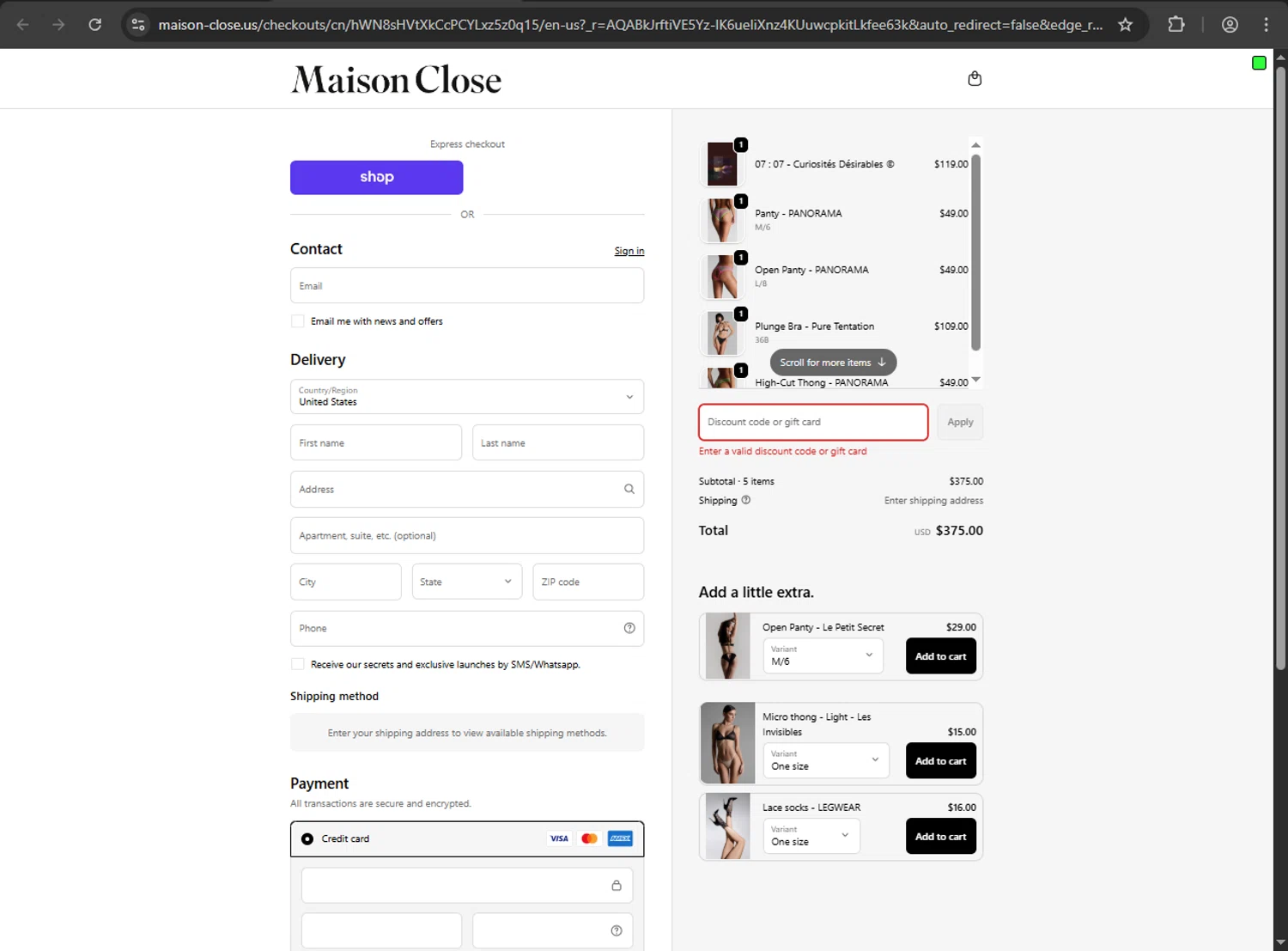 Maison Close promo code screenshot showing code 20SASHA applied at Maison Close checkout page. Uploaded by SimplyCodes community member ShrewdDefender8496 on Feb 17, 2026