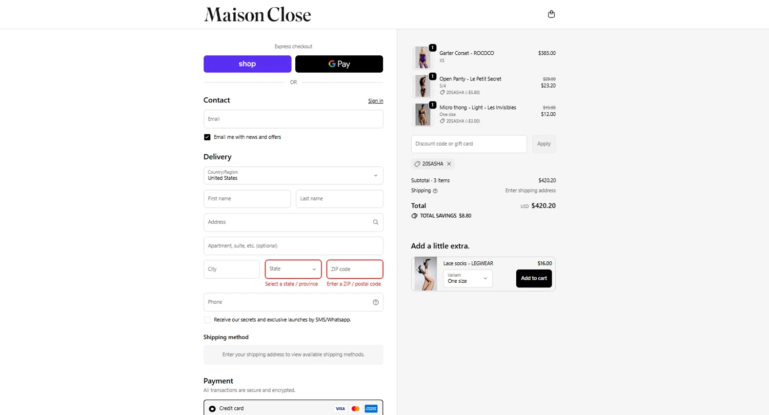 Maison Close promo code screenshot showing code 20SASHA applied at Maison Close checkout page. Uploaded by SimplyCodes community member reggiesmith on Feb 5, 2026
