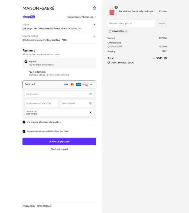Maison de Sabre checkout page showing Maison de Sabre discount code box | Screenshot taken by SimplyCodes community member on Aug 27, 2025