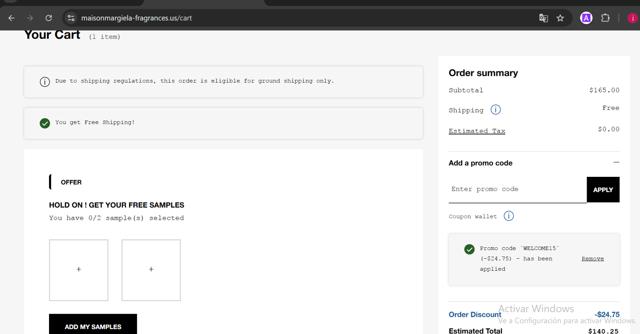 Maison Margiela Fragrances checkout page showing Maison Margiela Fragrances promo code box | Screenshot taken by SimplyCodes community member on Feb 16, 2025