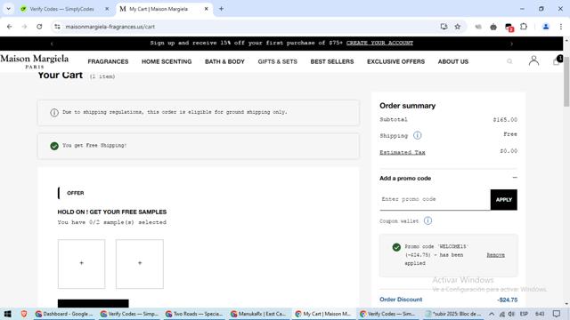 Maison Margiela Fragrances checkout page showing Maison Margiela Fragrances promo code box | Screenshot taken by SimplyCodes community member on Feb 1, 2025