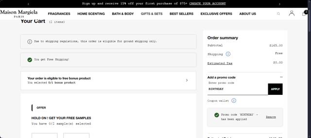 Maison Margiela Fragrances checkout page showing Maison Margiela Fragrances promo code box | Screenshot taken by SimplyCodes community member on Mar 2, 2025