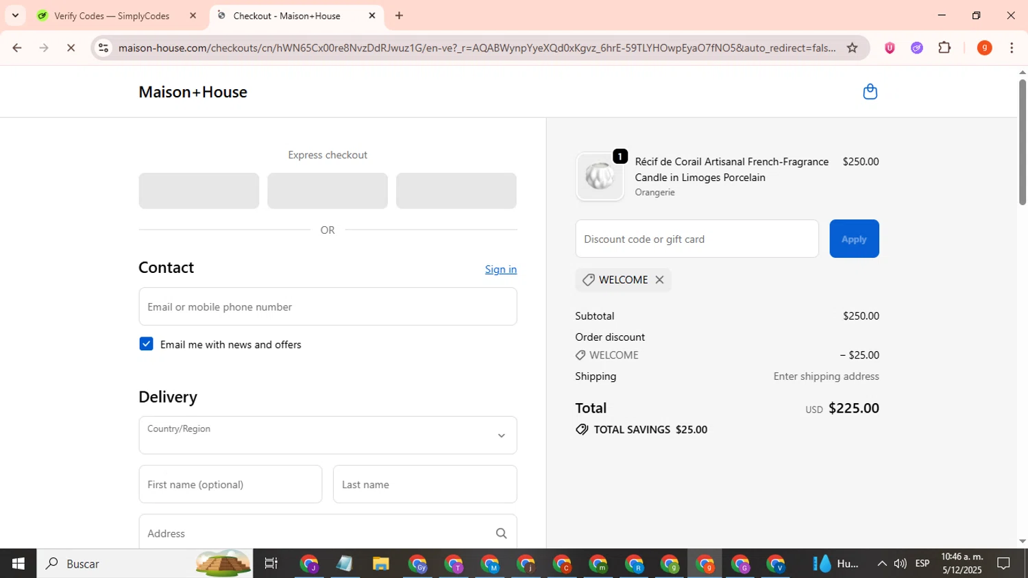Maison House promo code screenshot showing code WELCOME applied at Maison House checkout page. Uploaded by SimplyCodes community member toniokroos on Dec 5, 2025
