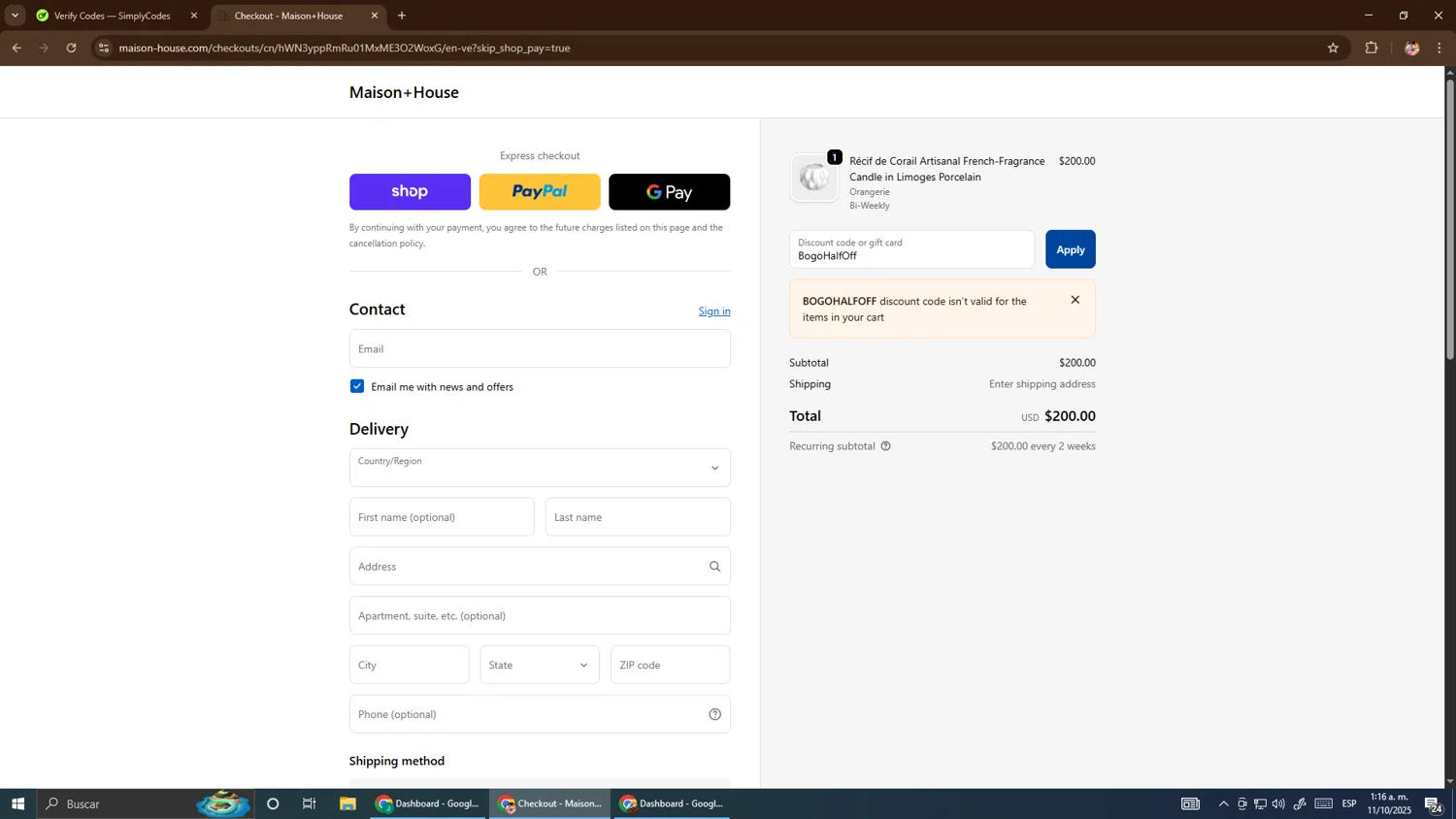 Maison House promo code screenshot showing code BogoHalfOff applied at Maison House checkout page. Uploaded by SimplyCodes community member El_mynor on Oct 11, 2025