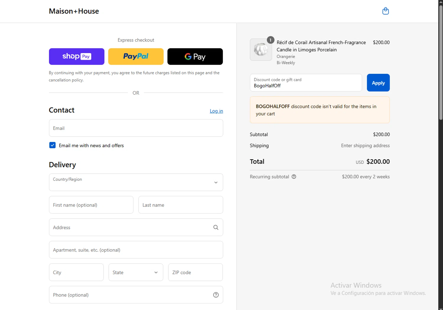 Maison House promo code screenshot showing code BogoHalfOff applied at Maison House checkout page. Uploaded by SimplyCodes community member ValueGenius9720 on Aug 27, 2025