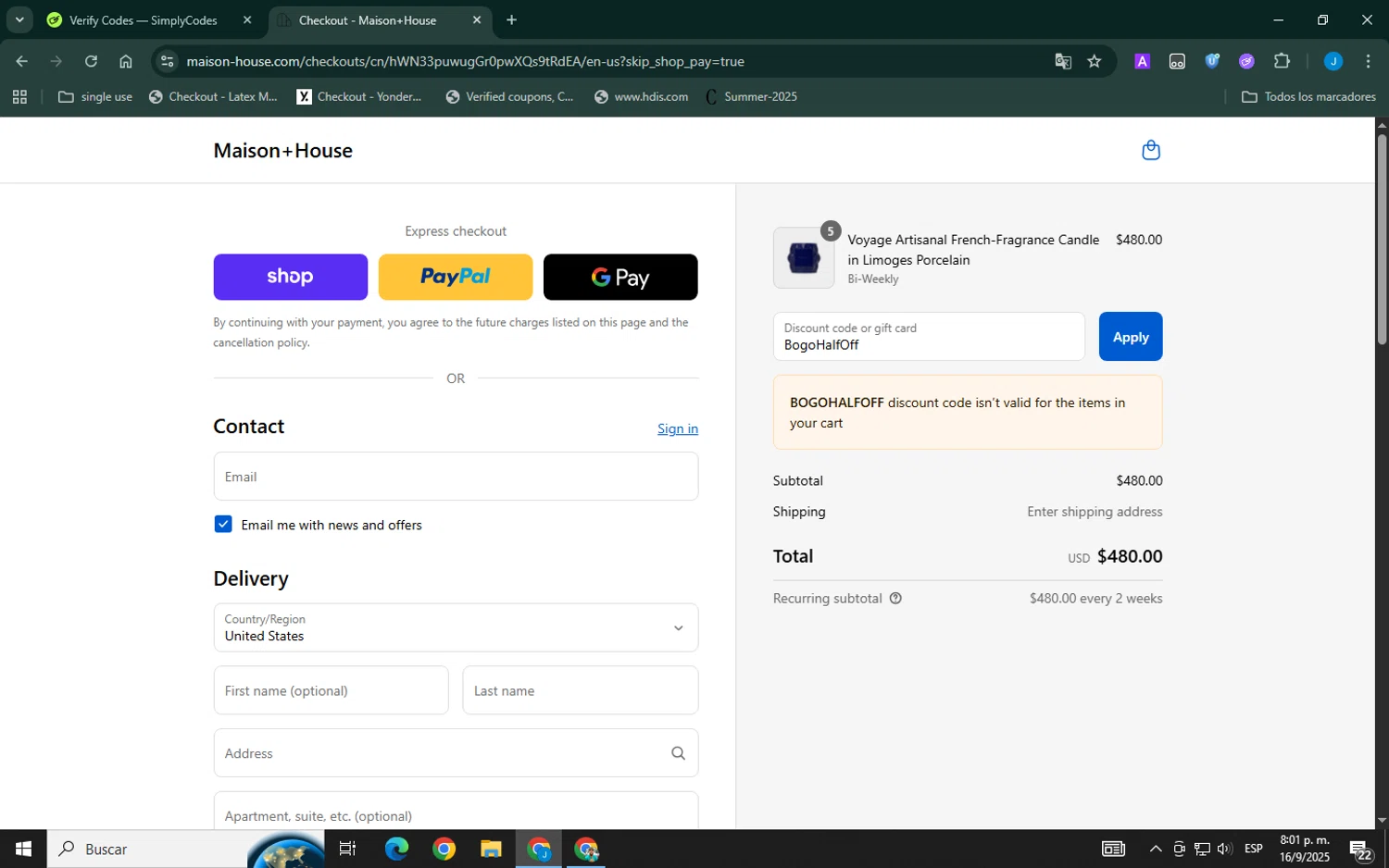 Maison House promo code screenshot showing code BogoHalfOff applied at Maison House checkout page. Uploaded by SimplyCodes community member ELVERGALARGA on Sep 17, 2025