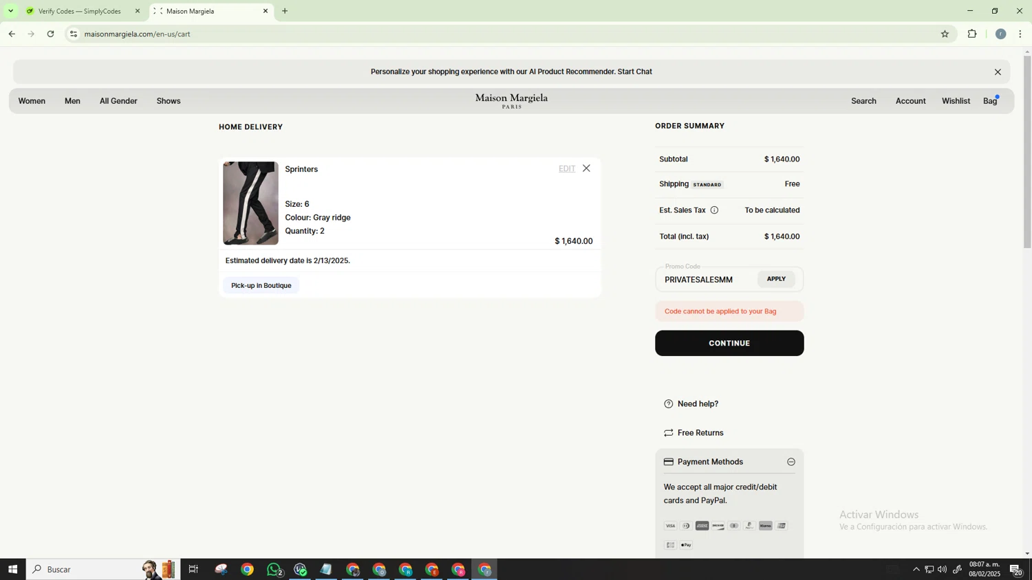 Maison Margiela checkout page showing Maison Margiela promo code box | Screenshot taken by SimplyCodes community member on Feb 8, 2025
