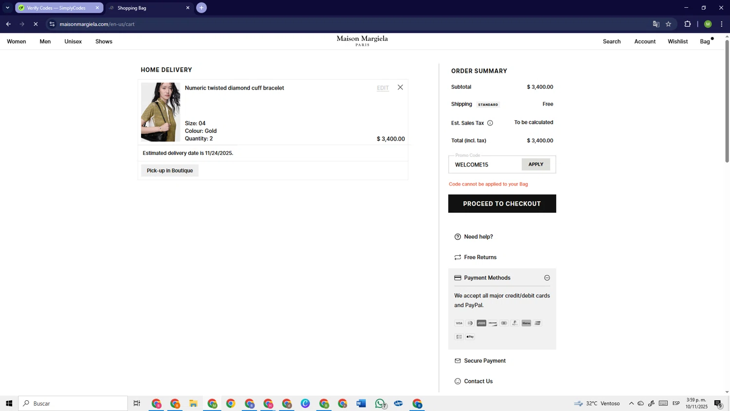 Maison Margiela promo code screenshot showing code WELCOME15 applied at Maison Margiela checkout page. Uploaded by SimplyCodes community member PrimeSage6924 on Nov 10, 2025