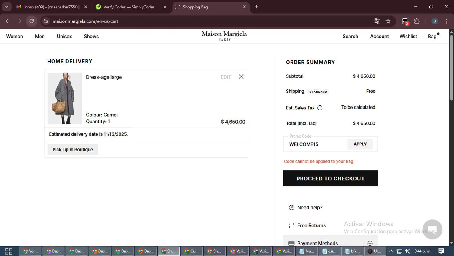 Maison Margiela promo code screenshot showing code WELCOME15 applied at Maison Margiela checkout page. Uploaded by SimplyCodes community member ScanLynx8928 on Nov 10, 2025