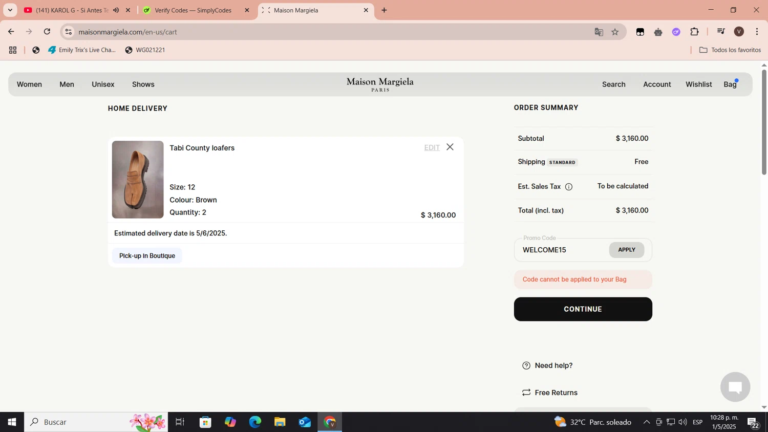 Maison Margiela checkout page showing Maison Margiela promo code box | Screenshot taken by SimplyCodes community member on May 2, 2025