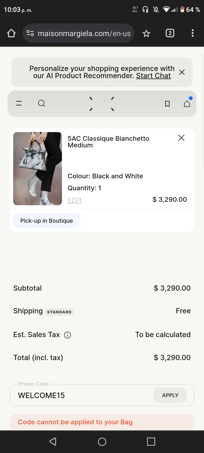 Maison Margiela checkout page showing Maison Margiela promo code box | Screenshot taken by SimplyCodes community member on Sep 20, 2024