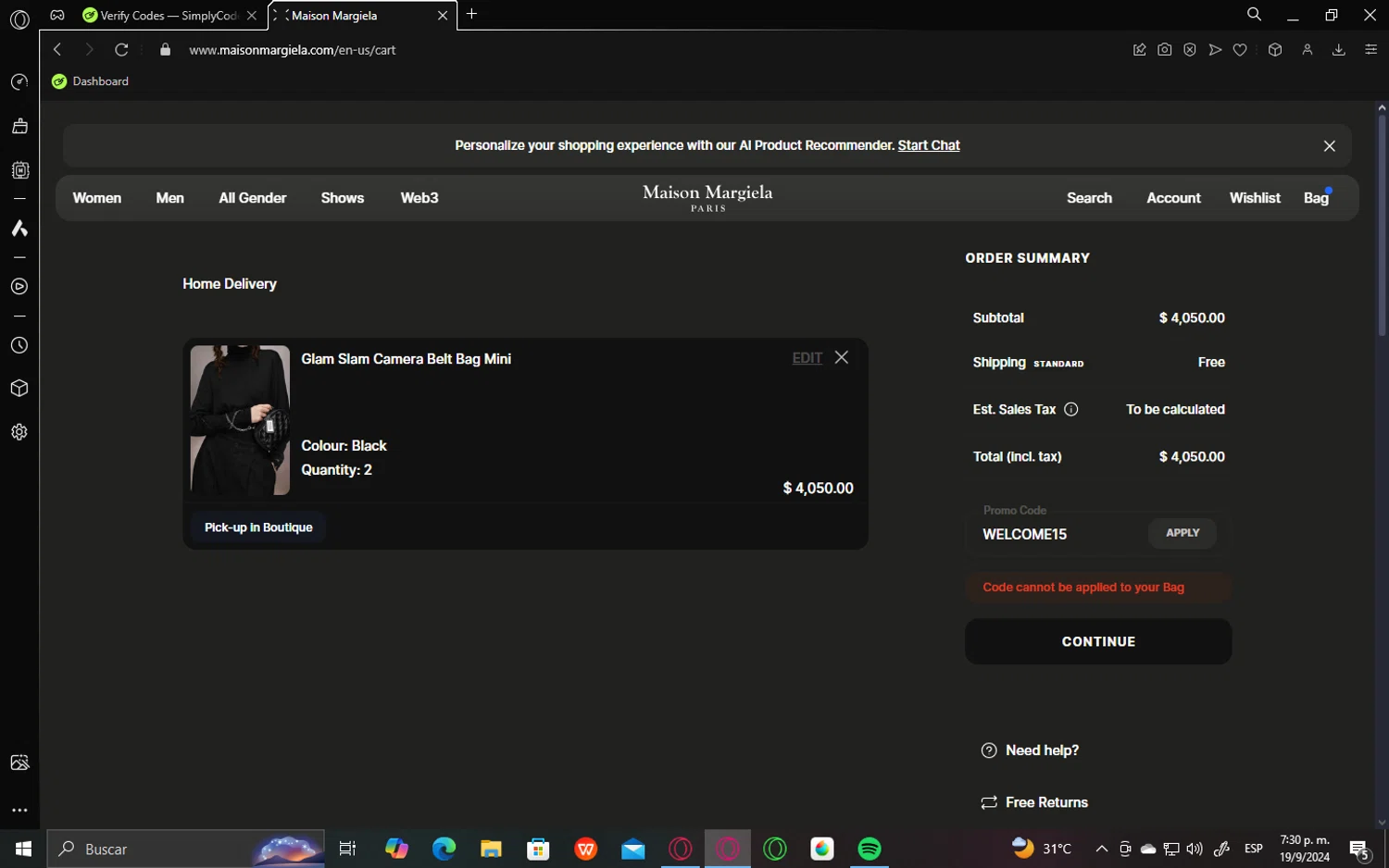 Maison Margiela checkout page showing Maison Margiela promo code box | Screenshot taken by SimplyCodes community member on Sep 19, 2024