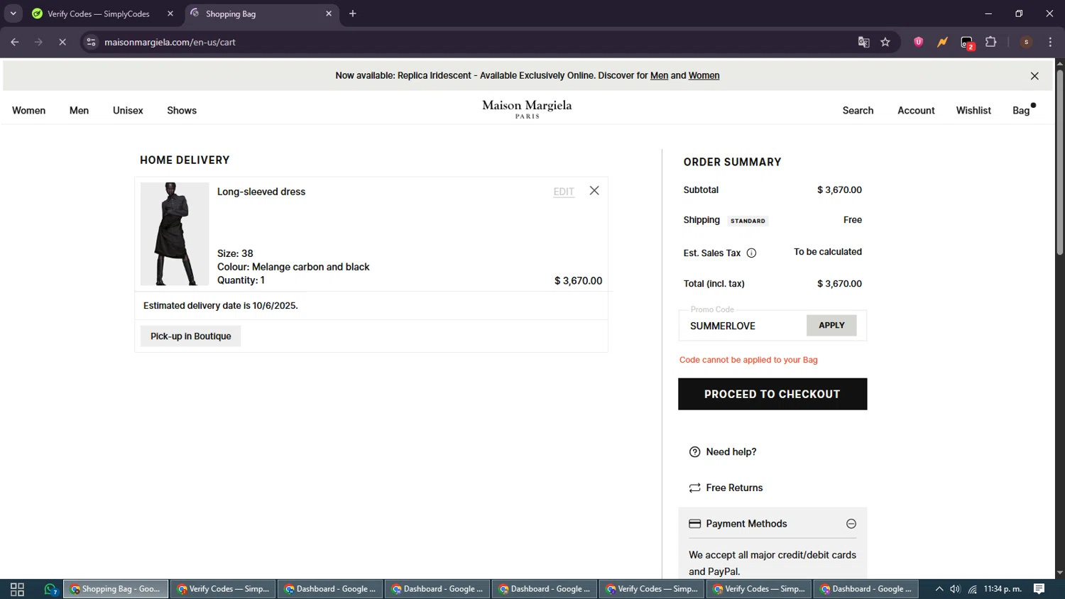 Maison Margiela promo code screenshot showing code SUMMERLOVE applied at Maison Margiela checkout page. Uploaded by SimplyCodes community member GoldSentinel1426 on Sep 25, 2025