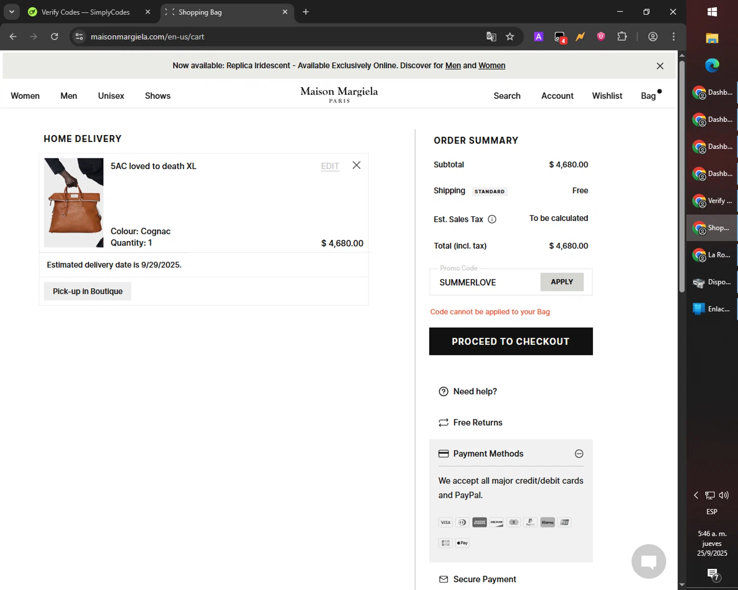 Maison Margiela promo code screenshot showing code SUMMERLOVE applied at Maison Margiela checkout page. Uploaded by SimplyCodes community member RebateCaptain6440 on Sep 25, 2025