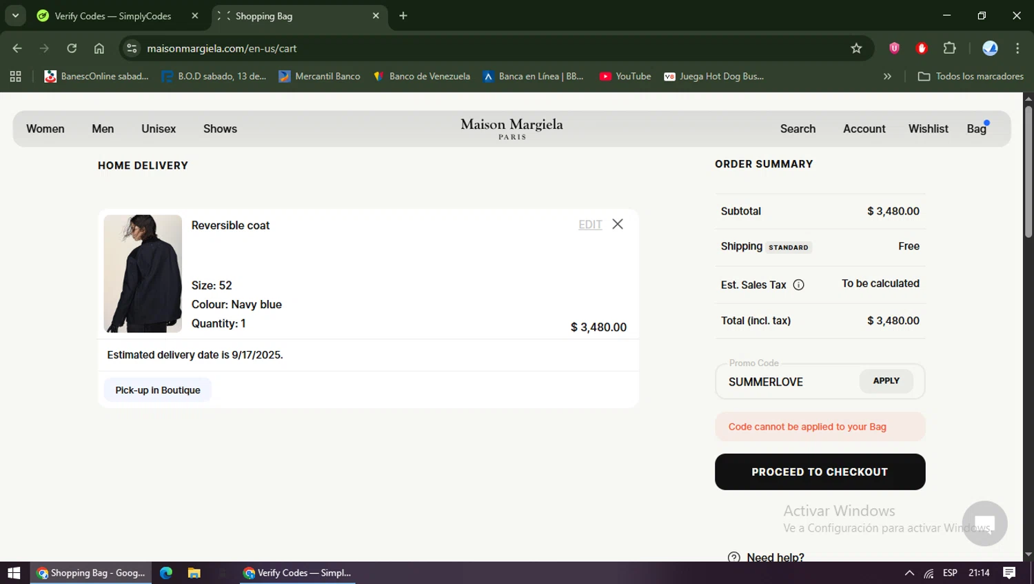 Maison Margiela checkout page showing Maison Margiela promo code box | Screenshot taken by SimplyCodes community member on Sep 13, 2025