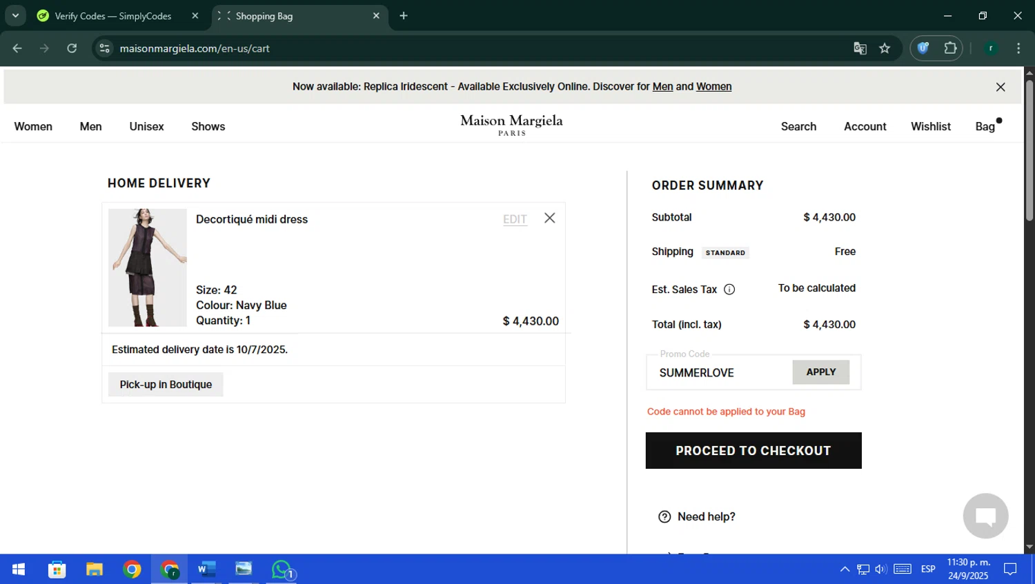 Maison Margiela promo code screenshot showing code SUMMERLOVE applied at Maison Margiela checkout page. Uploaded by SimplyCodes community member rodri1 on Sep 25, 2025