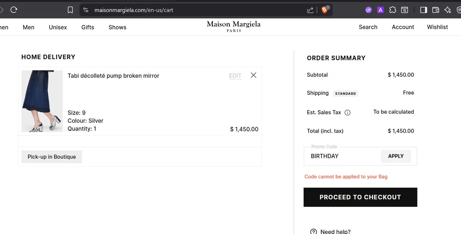 Maison Margiela promo code screenshot showing code BIRTHDAY applied at Maison Margiela checkout page. Uploaded by SimplyCodes community member GloriousTitan3094 on Dec 24, 2025