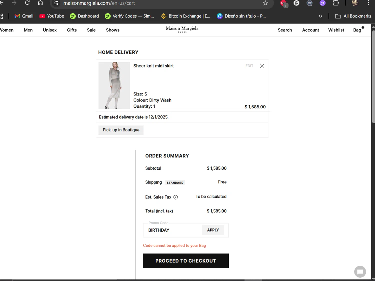 Maison Margiela promo code screenshot showing code BIRTHDAY applied at Maison Margiela checkout page. Uploaded by SimplyCodes community member LiShang on Nov 25, 2025