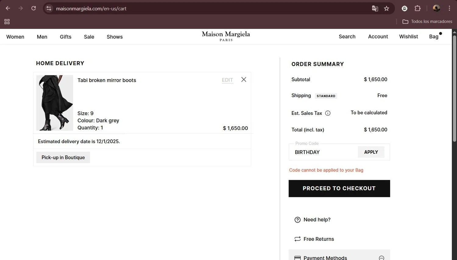 Maison Margiela promo code screenshot showing code BIRTHDAY applied at Maison Margiela checkout page. Uploaded by SimplyCodes community member Milaya on Nov 25, 2025