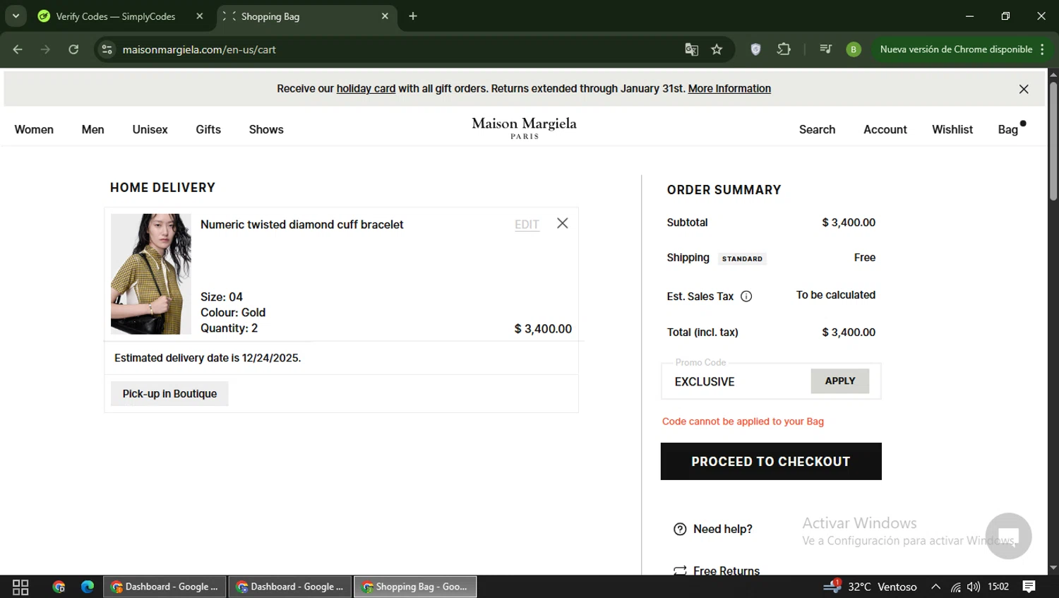 Maison Margiela promo code screenshot showing code EXCLUSIVE applied at Maison Margiela checkout page. Uploaded by SimplyCodes community member RoyalAdmiral5066 on Dec 19, 2025