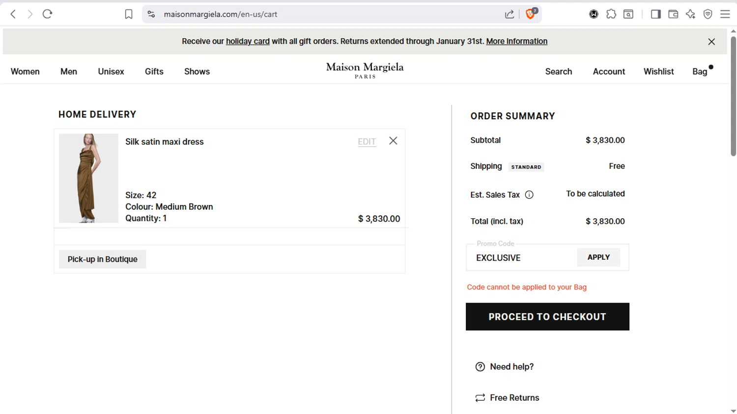 Maison Margiela promo code screenshot showing code EXCLUSIVE applied at Maison Margiela checkout page. Uploaded by SimplyCodes community member dayselis15 on Dec 19, 2025