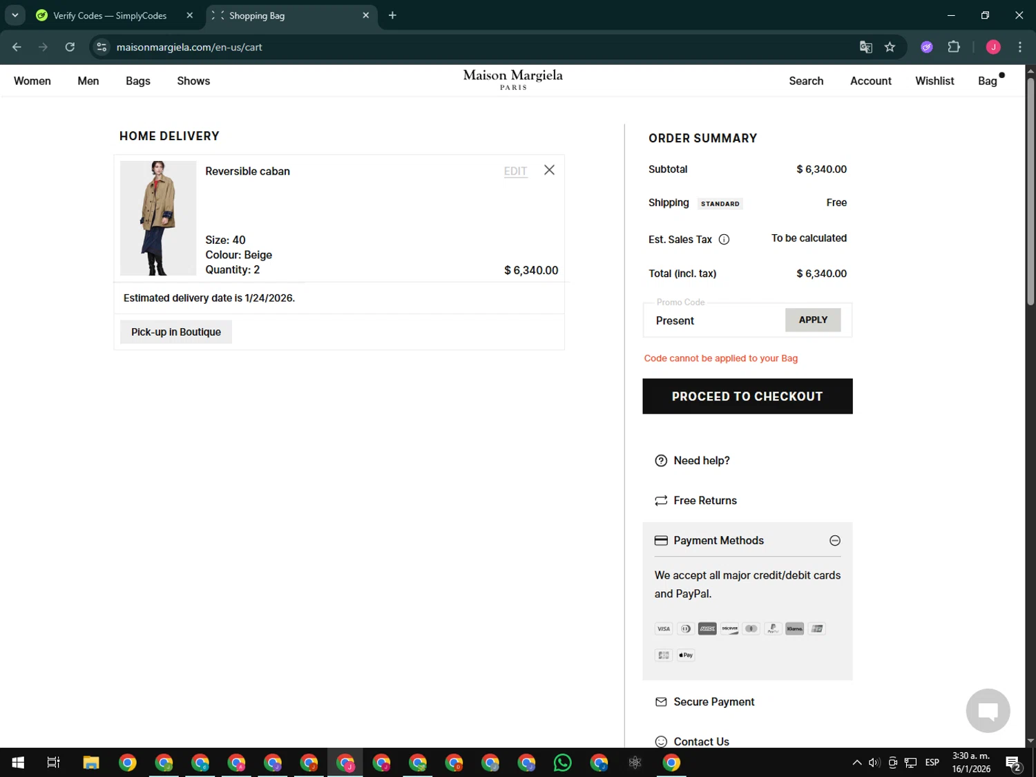 Maison Margiela checkout page showing Maison Margiela promo code box | Screenshot taken by SimplyCodes community member on Jan 16, 2026