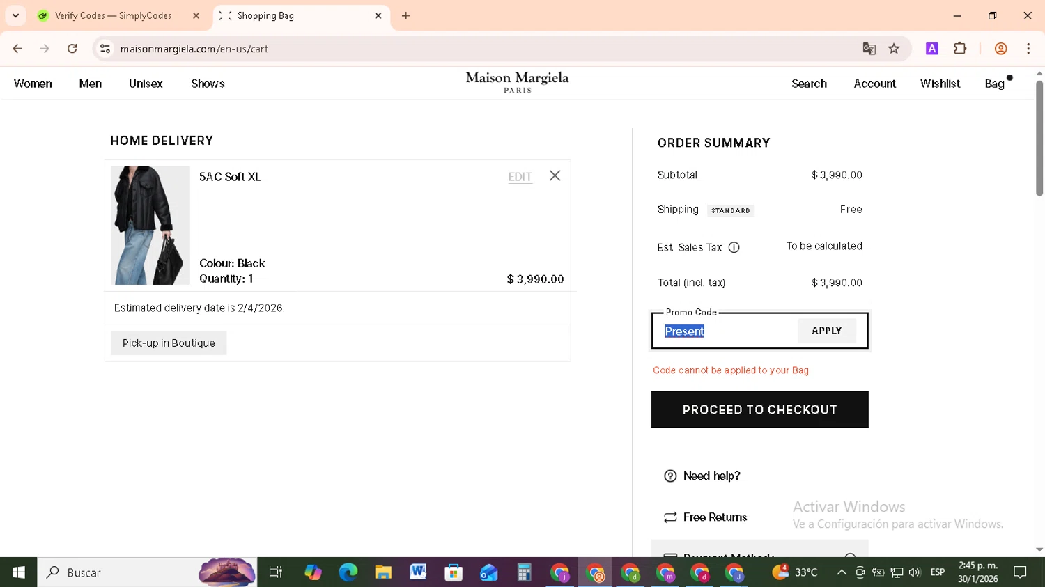 Maison Margiela promo code screenshot showing code Present applied at Maison Margiela checkout page. Uploaded by SimplyCodes community member RebateCollector5909 on Jan 30, 2026
