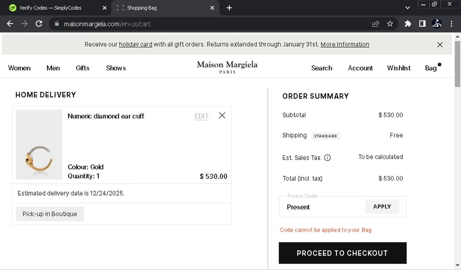 Maison Margiela promo code screenshot showing code Present applied at Maison Margiela checkout page. Uploaded by SimplyCodes community member SwiftOwl697 on Dec 21, 2025
