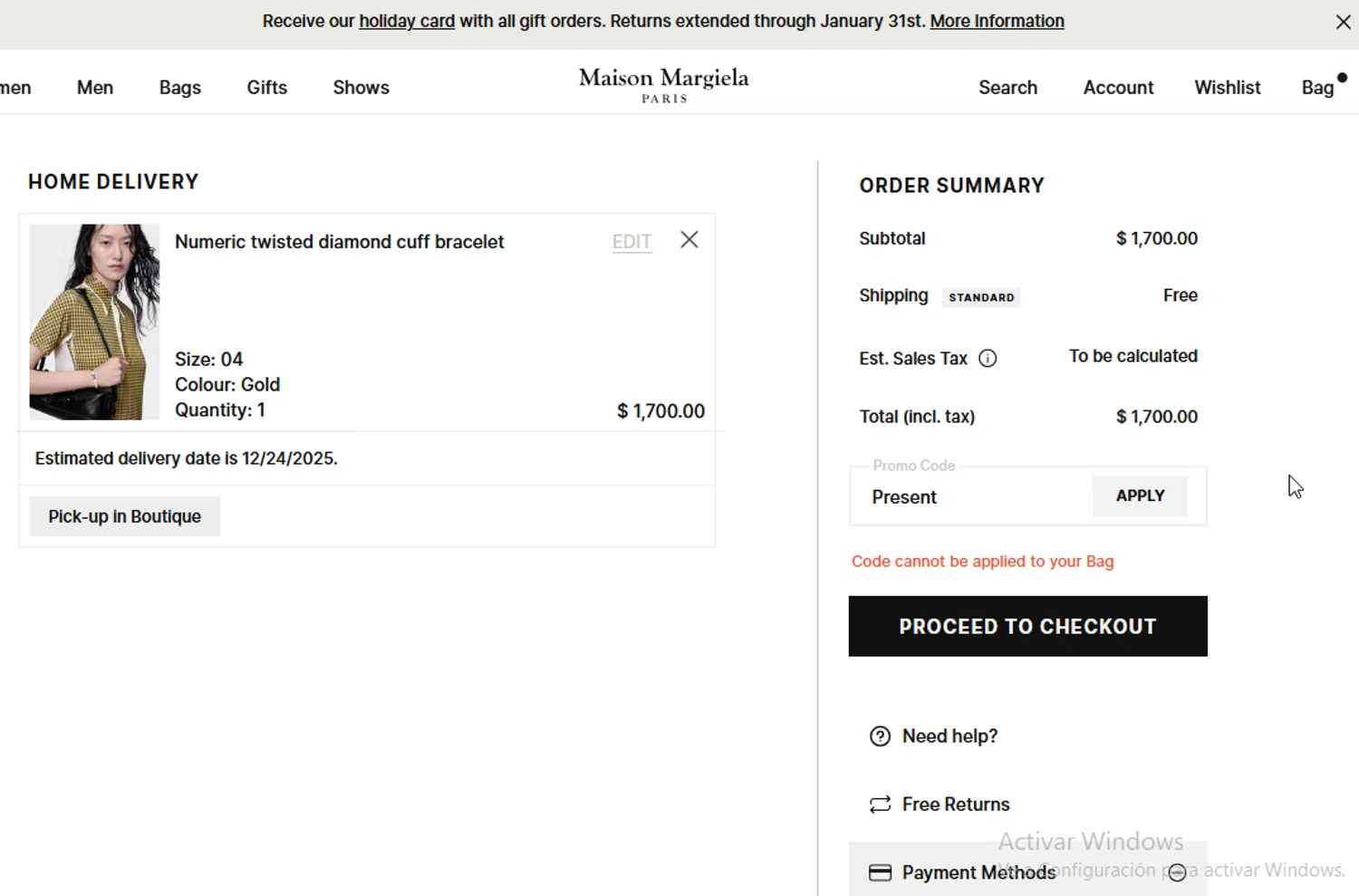Maison Margiela promo code screenshot showing code Present applied at Maison Margiela checkout page. Uploaded by SimplyCodes community member ligthYA on Dec 21, 2025