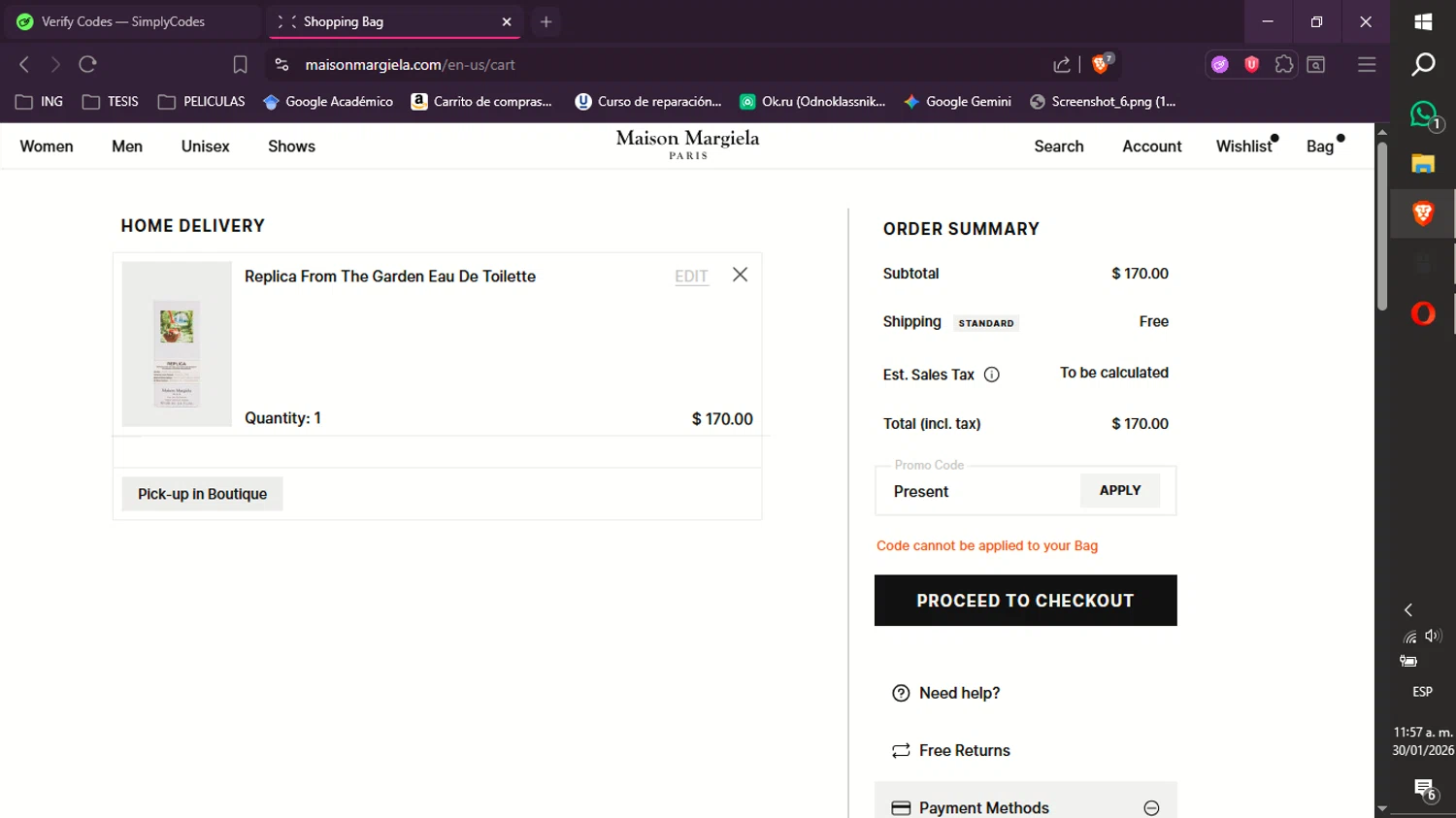 Maison Margiela promo code screenshot showing code Present applied at Maison Margiela checkout page. Uploaded by SimplyCodes community member xXdevoragoticas69Xx on Jan 30, 2026